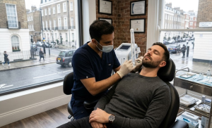 A man reclines in a dental chair while a dentist cleans his teeth with dental tools